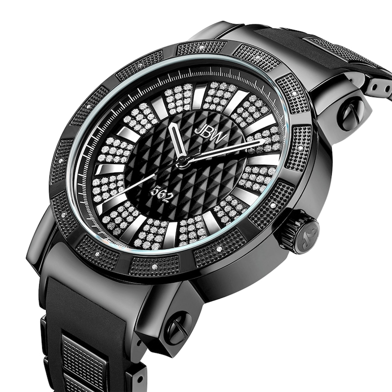 Main Image 2 of Men's JBW "562" 1/8 CT. T.W. Diamond and Crystal Accent Black IP Strap Watch with Black Dial (Model: JB-6225-K)