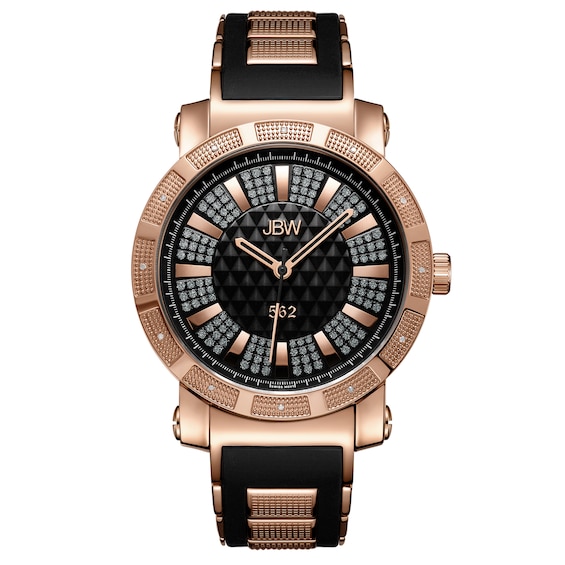 Men's JBW "562" 1/8 CT. T.w. Diamond and Crystal 18K Rose Gold Plate Strap Watch with Black Dial (Model: Jb-6225-L)