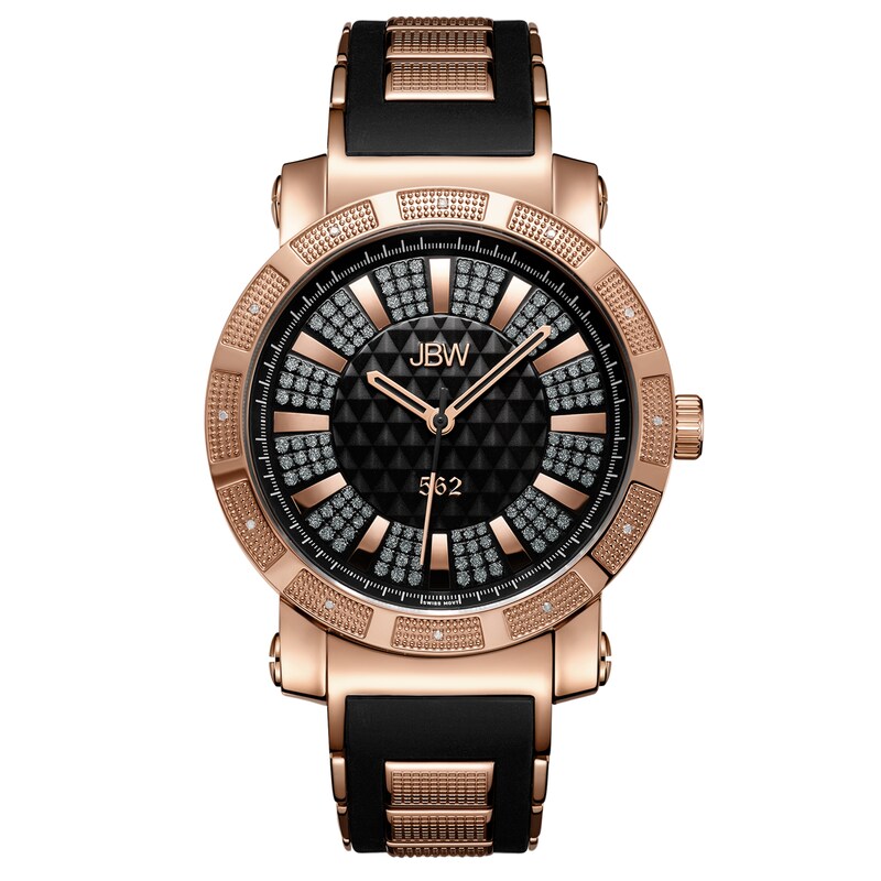 Main Image 1 of Men's JBW &quot;562&quot; 1/8 CT. T.W. Diamond and Crystal 18K Rose Gold Plate Strap Watch with Black Dial (Model: JB-6225-L)