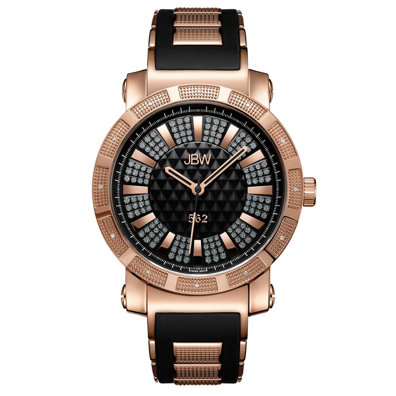 Men's JBW "562" 1/8 CT. T.W. Diamond and Crystal 18K Rose Gold Plate Strap Watch with Black Dial (Model: JB-6225-L)