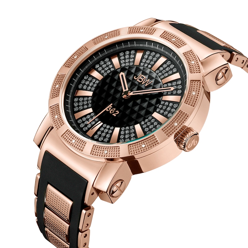Main Image 2 of Men's JBW &quot;562&quot; 1/8 CT. T.W. Diamond and Crystal 18K Rose Gold Plate Strap Watch with Black Dial (Model: JB-6225-L)