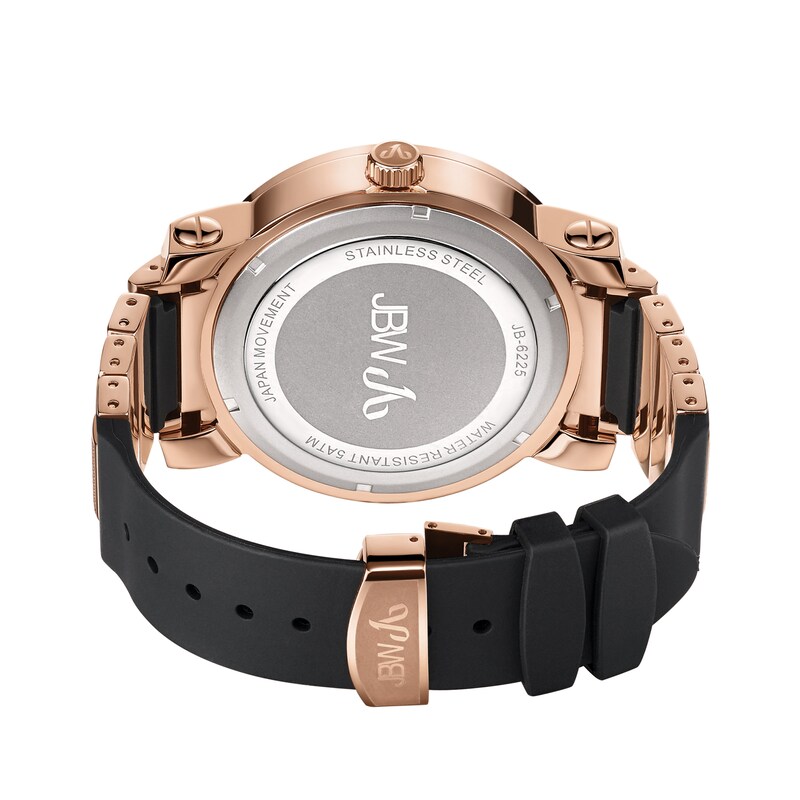 Men's JBW "562" 1/8 CT. T.W. Diamond and Crystal 18K Rose Gold Plate Strap Watch with Black Dial (Model: JB-6225-L)