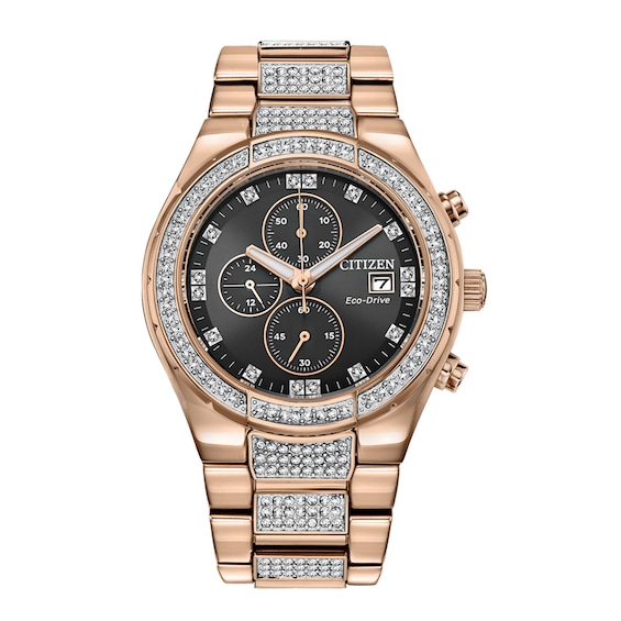 Men's Citizen Eco-DriveÂ® Crystal Accent Rose-Tone Chronograph Watch with Black Dial (Model: Ca0753-55E)