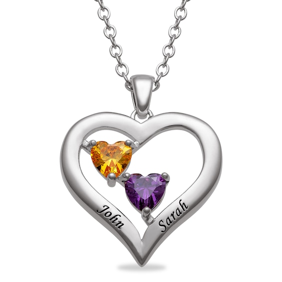 Couple's Simulated Birthstone Engravable Heart Pendant (2 Stones and Names)