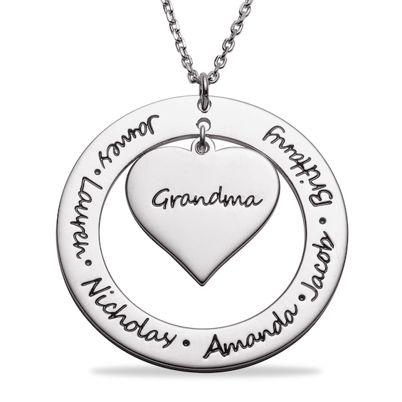 Mother's Engravable Circle with Heart Dangle Pendant (2-7 Names)