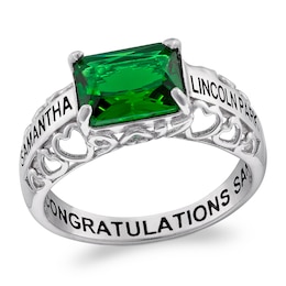Sideways Emerald-Cut Simulated Birthstone Engravable Cut-Out Hearts Class Ring (1 Stone, 3 Lines and 1 Year)