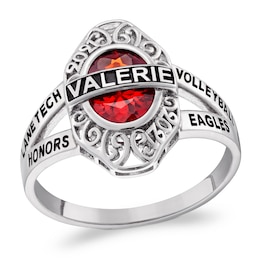 Oval Simulated Birthstone Engravable Cut-Out Hearts Class Ring (1 Stone, 5 Lines and 1 Year)