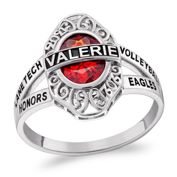 Oval Simulated Birthstone Engravable Cut-Out Hearts Class Ring (1 Stone, 5 Lines and 1 Year)