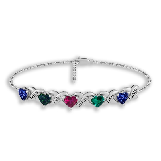 Heart-Shaped Birthstone Engravable Cascading Bracelet (5 Stones and Names)