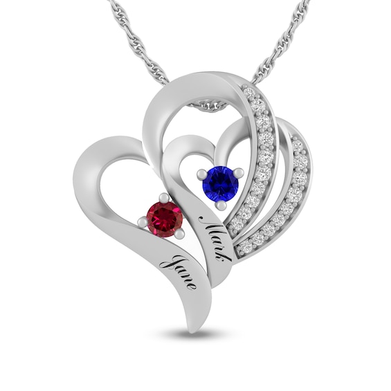 Couple's Birthstone and Lab-Created White Sapphire Engravable Double Hearts Pendant (2 Stones and Names)
