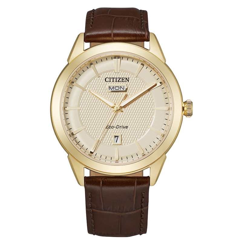 Main Image 1 of Men's Citizen Eco-Drive® Corso 18K Gold Plate Strap Watch with Champagne Dial (Model: AW0092-07Q)