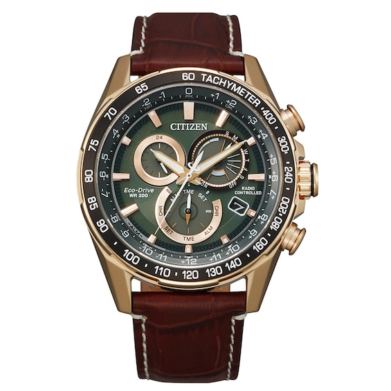 Men's Citizen Eco-DriveÂ® Pcat Rose-Tone Chronograph Strap Watch with Green Dial (Model: Cb5919-00X)