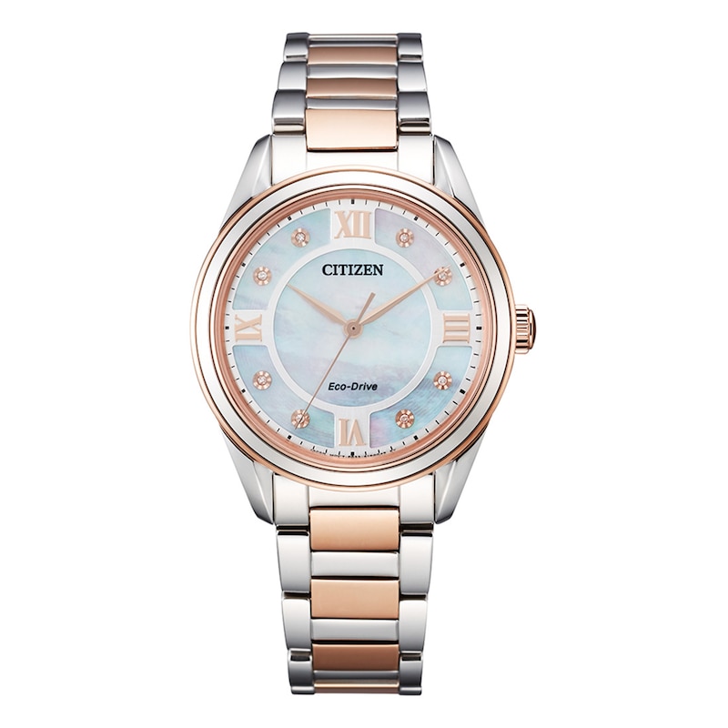 Ladies' Citizen Eco-Drive® Fiore Diamond Accent Two-Tone Watch with Mother-of-Pearl Dial (Model: EM0876-51D)