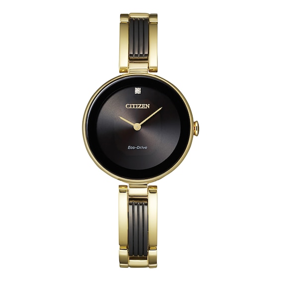 Ladies' Citizen Eco-Drive® Axiom Diamond Accent Two-Tone Bangle Watch with Black Dial (Model: Ex1539-57E)