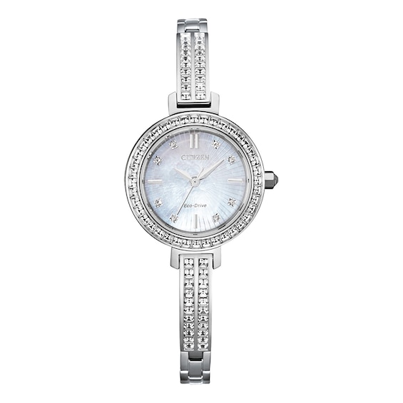 Ladies' Citizen Eco-DriveÂ® Silhouette Crystal Accent Bangle Watch with Mother-of-Pearl Dial (Model: Em0860-51D)