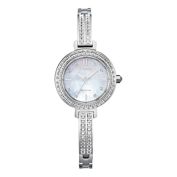 Ladies' Citizen Eco-DriveÂ® Silhouette Crystal Accent Bangle Watch with Mother-of-Pearl Dial (Model: Em0860-51D)