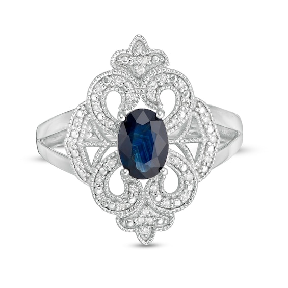 Oval Blue Sapphire and 1/10 CT. T.W. Diamond Vintage-Style Split Shank Ring in Sterling Silver - Size 7 Oval Blue Sapphire and 1/10 CT. T.W. Diamond Vintage-Style Split Shank Ring in Sterling Silver - Size 7