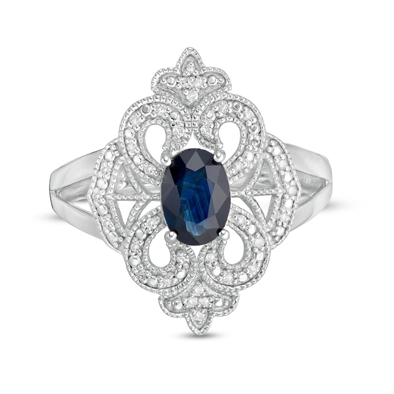Main Image 1 of Oval Blue Sapphire and 1/10 CT. T.W. Diamond Vintage-Style Split Shank Ring in Sterling Silver