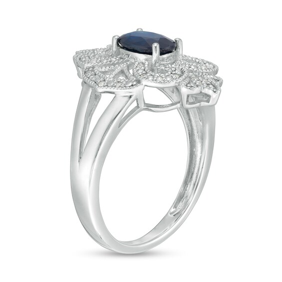 Oval Blue Sapphire and 1/10 CT. T.W. Diamond Vintage-Style Split Shank Ring in Sterling Silver - Size 7 Oval Blue Sapphire and 1/10 CT. T.W. Diamond Vintage-Style Split Shank Ring in Sterling Silver - Size 7