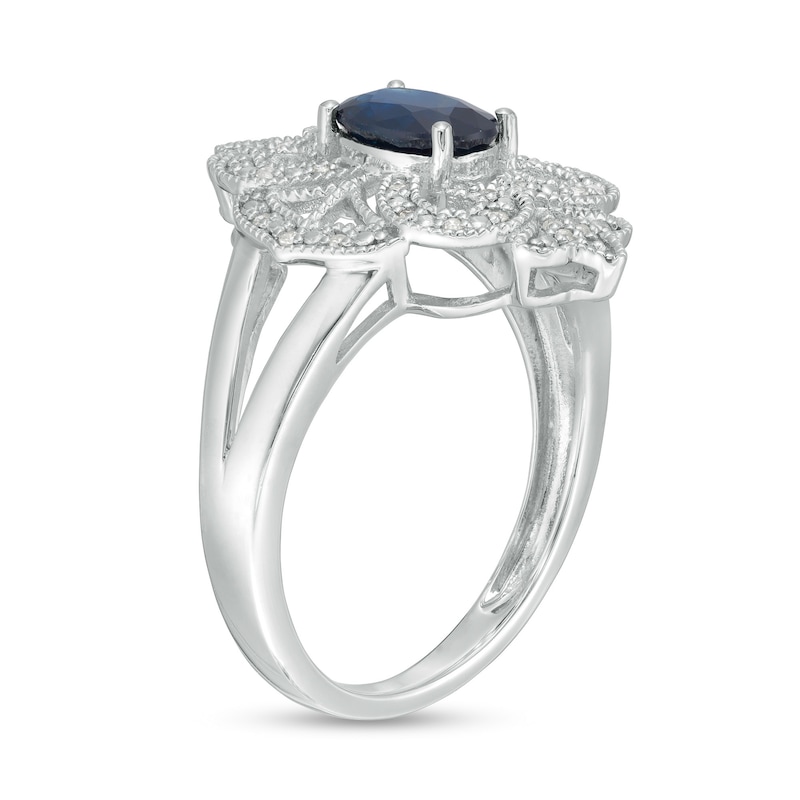 Main Image 3 of Oval Blue Sapphire and 1/10 CT. T.W. Diamond Vintage-Style Split Shank Ring in Sterling Silver