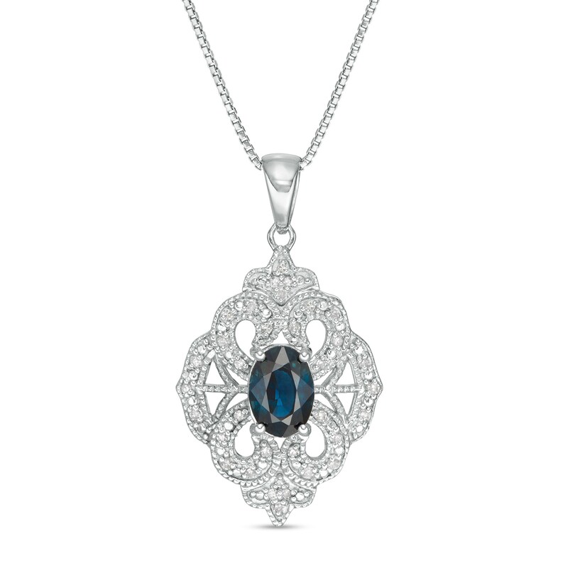 Main Image 1 of Oval Blue Sapphire and 1/10 CT. T.W. Diamond Vintage-Style Drop Pendant in Sterling Silver