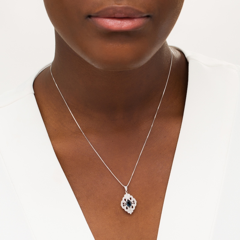 Main Image 2 of Oval Blue Sapphire and 1/10 CT. T.W. Diamond Vintage-Style Drop Pendant in Sterling Silver