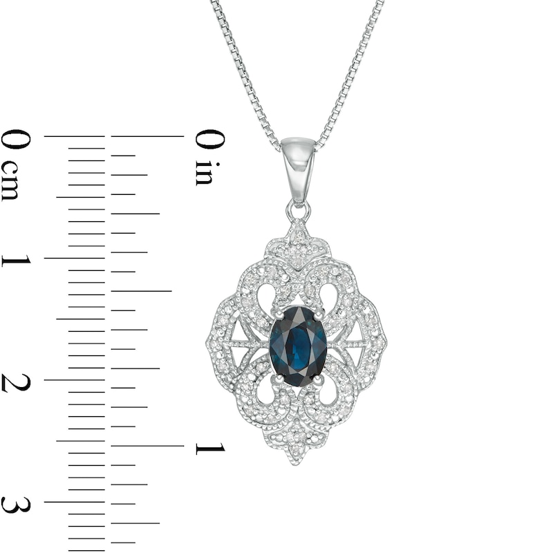 Main Image 3 of Oval Blue Sapphire and 1/10 CT. T.W. Diamond Vintage-Style Drop Pendant in Sterling Silver