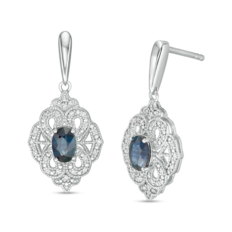 Main Image 1 of Oval Blue Sapphire and 1/15 CT. T.W. Diamond Vintage-Style Drop Earrings in Sterling Silver