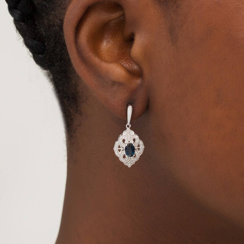 Main Image 2 of Oval Blue Sapphire and 1/15 CT. T.W. Diamond Vintage-Style Drop Earrings in Sterling Silver