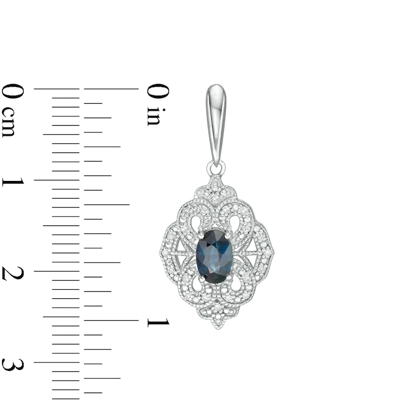 Main Image 3 of Oval Blue Sapphire and 1/15 CT. T.W. Diamond Vintage-Style Drop Earrings in Sterling Silver