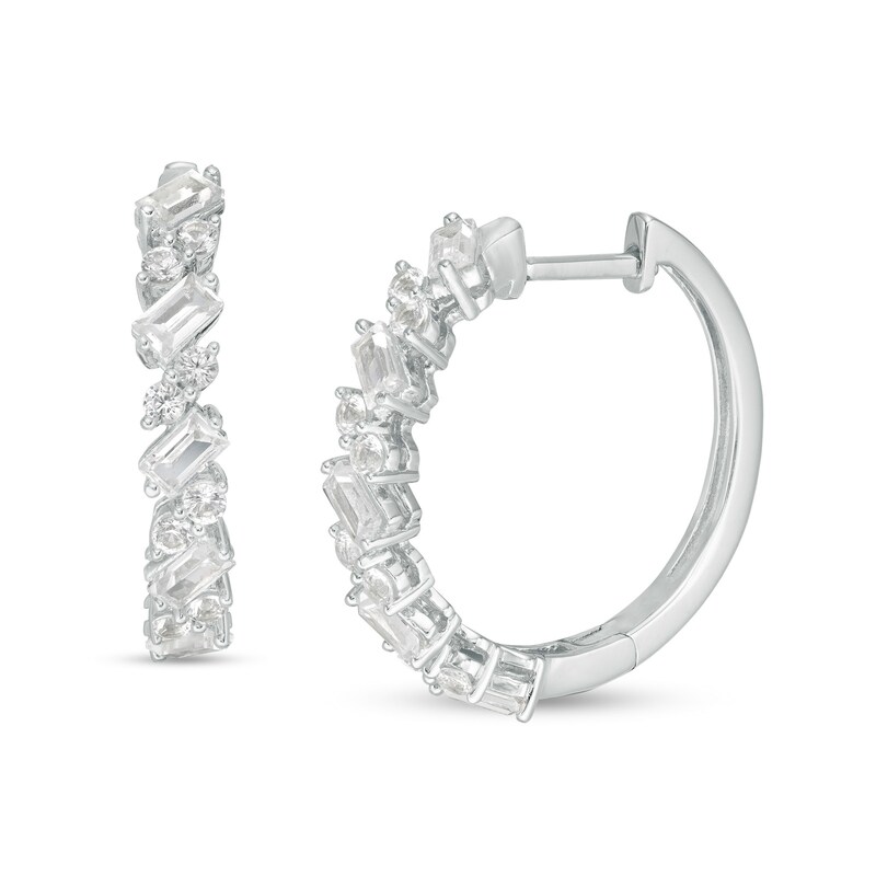 Main Image 1 of Baguette and Round Lab-Created White Sapphire Duos Alternating Hoop Earrings in Sterling Silver