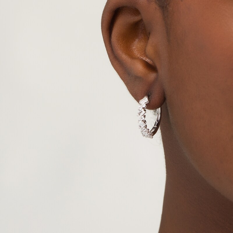Main Image 2 of Baguette and Round Lab-Created White Sapphire Duos Alternating Hoop Earrings in Sterling Silver