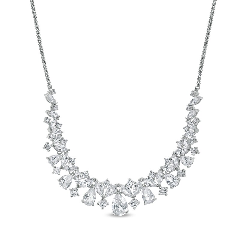 Main Image 1 of Multi-Shape Lab-Created White Sapphire Scatter Bib Necklace in Sterling Silver