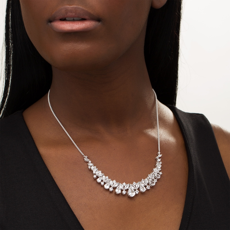 Main Image 2 of Multi-Shape Lab-Created White Sapphire Scatter Bib Necklace in Sterling Silver