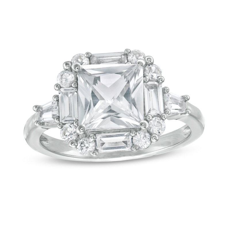 Main Image 1 of 7.0mm Princess-Cut, Baguette and Round Lab-Created White Sapphire Frame Ring in Sterling Silver