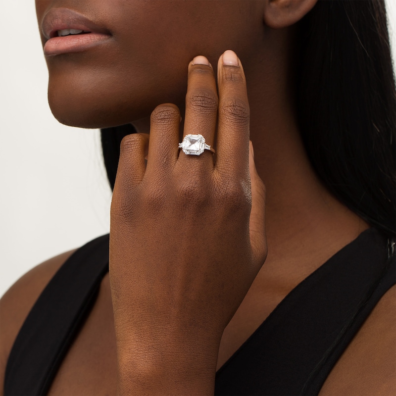 7.0mm Princess-Cut, Baguette and Round Lab-Created White Sapphire Frame Ring in Sterling Silver