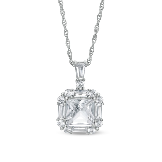 7.0mm Princess-Cut, Baguette and Round Lab-Created White Sapphire Frame Pendant in Sterling Silver