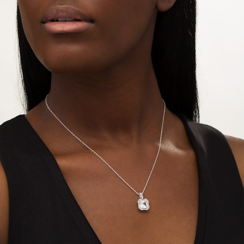 Main Image 2 of 7.0mm Princess-Cut, Baguette and Round Lab-Created White Sapphire Frame Pendant in Sterling Silver