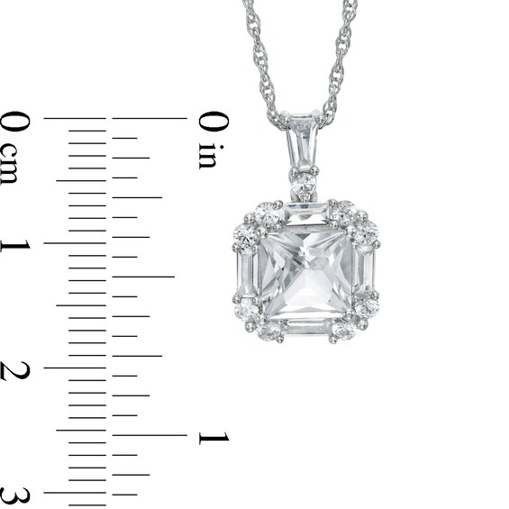 7.0mm Princess-Cut, Baguette and Round Lab-Created White Sapphire Frame Pendant in Sterling Silver