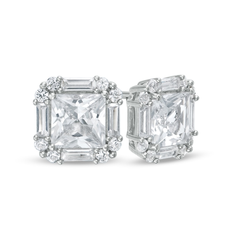 6.0mm Princess-Cut, Baguette and Round Lab-Created White Sapphire Frame Stud Earrings in Sterling Silver