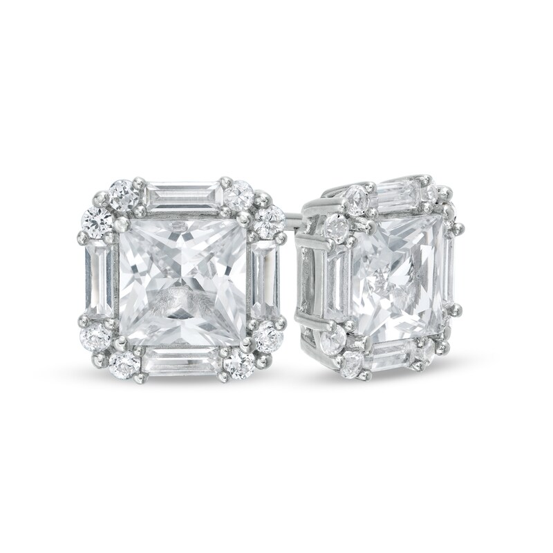 Main Image 1 of 6.0mm Princess-Cut, Baguette and Round Lab-Created White Sapphire Frame Stud Earrings in Sterling Silver