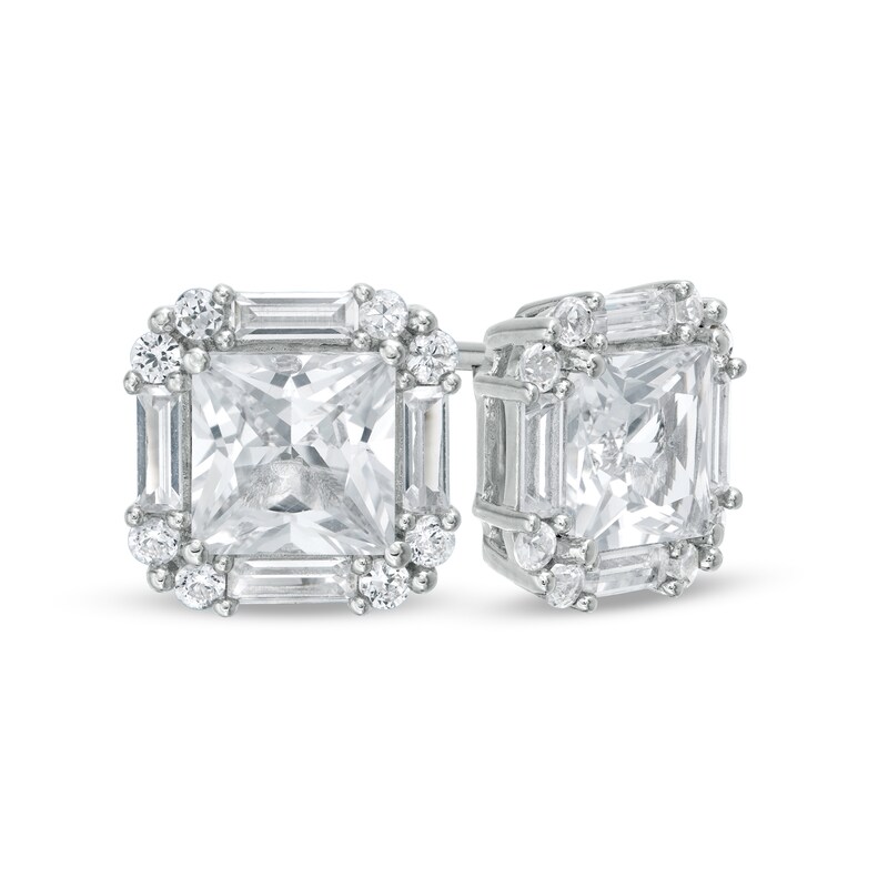 6.0mm Princess-Cut, Baguette and Round Lab-Created White Sapphire Frame Stud Earrings in Sterling Silver