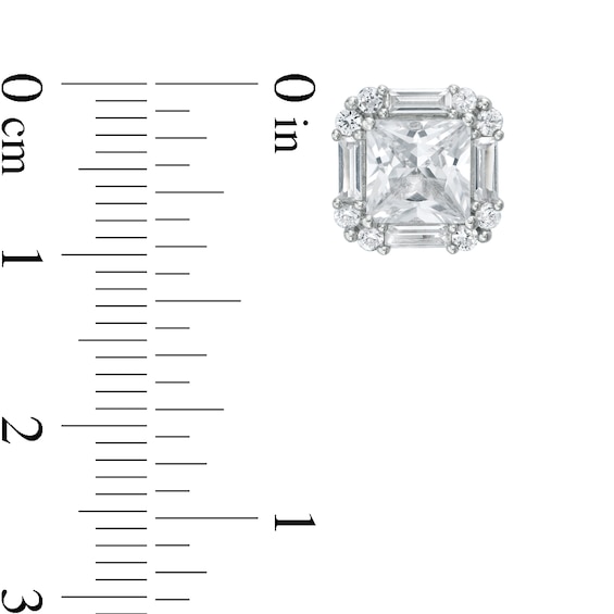 6.0mm Princess-Cut, Baguette and Round Lab-Created White Sapphire Frame Stud Earrings in Sterling Silver