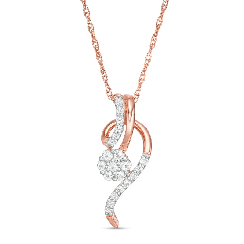 Main Image 1 of Lab-Created White Sapphire Floral Cluster Swirl Ribbon Pendant in Sterling Silver with 14K Rose Gold Plate