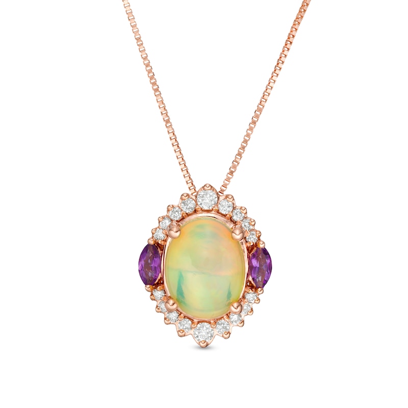 Main Image 1 of Captivating Color Oval Opal, Amethyst and 1/6 CT. T.W. Diamond Ornate Border Three Stone Pendant in 14K Rose Gold