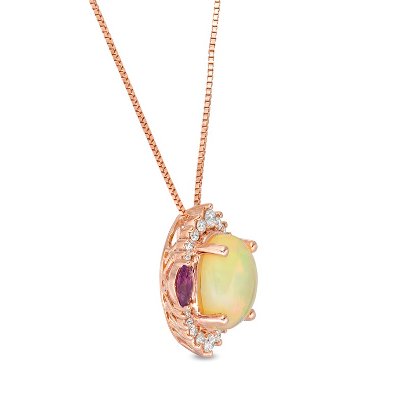 Main Image 3 of Captivating Color Oval Opal, Amethyst and 1/6 CT. T.W. Diamond Ornate Border Three Stone Pendant in 14K Rose Gold