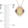 Thumbnail Image 4 of Captivating Color Oval Opal, Amethyst and 1/6 CT. T.W. Diamond Ornate Border Three Stone Pendant in 14K Rose Gold