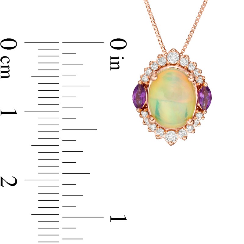 Main Image 4 of Captivating Color Oval Opal, Amethyst and 1/6 CT. T.W. Diamond Ornate Border Three Stone Pendant in 14K Rose Gold