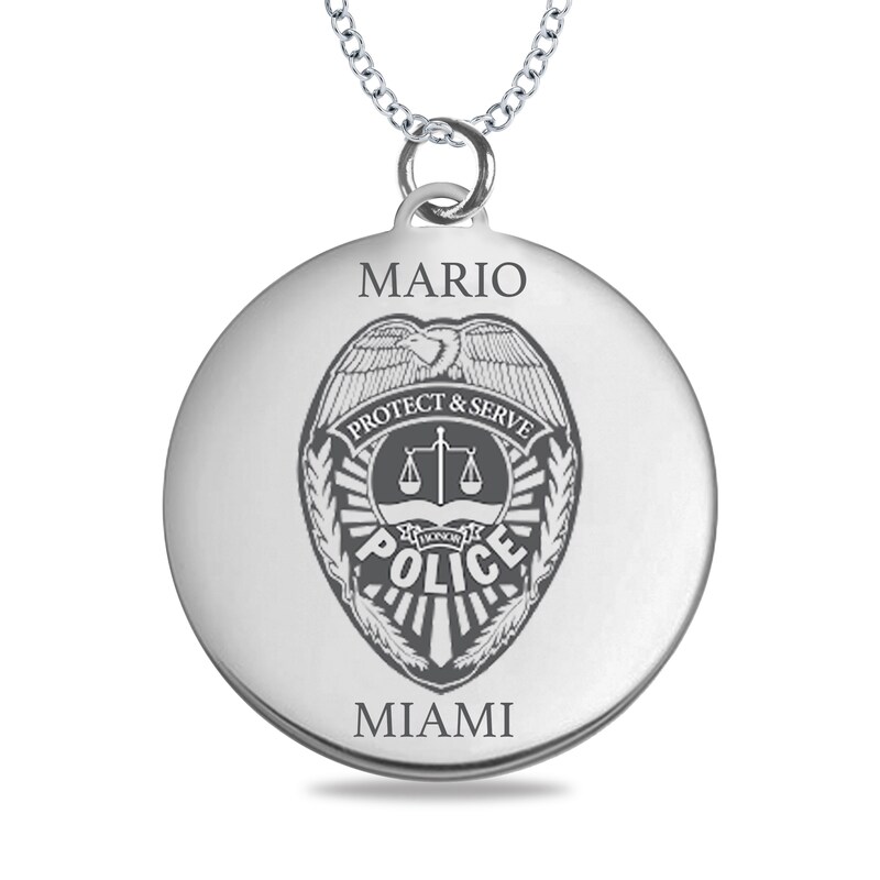 Engravable Police Shield Disc Pendant in Sterling Silver (1-5 Lines)