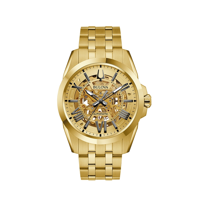 Main Image 1 of Men's Bulova Sutton Automatic Gold-Tone Watch with Gold-Tone Skeleton Dial (Model: 97A162)